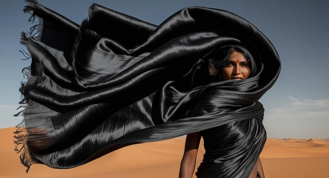 An extremely rare and pure black silk fabric flowing gracefully in the wind, set against a vast desert landscape