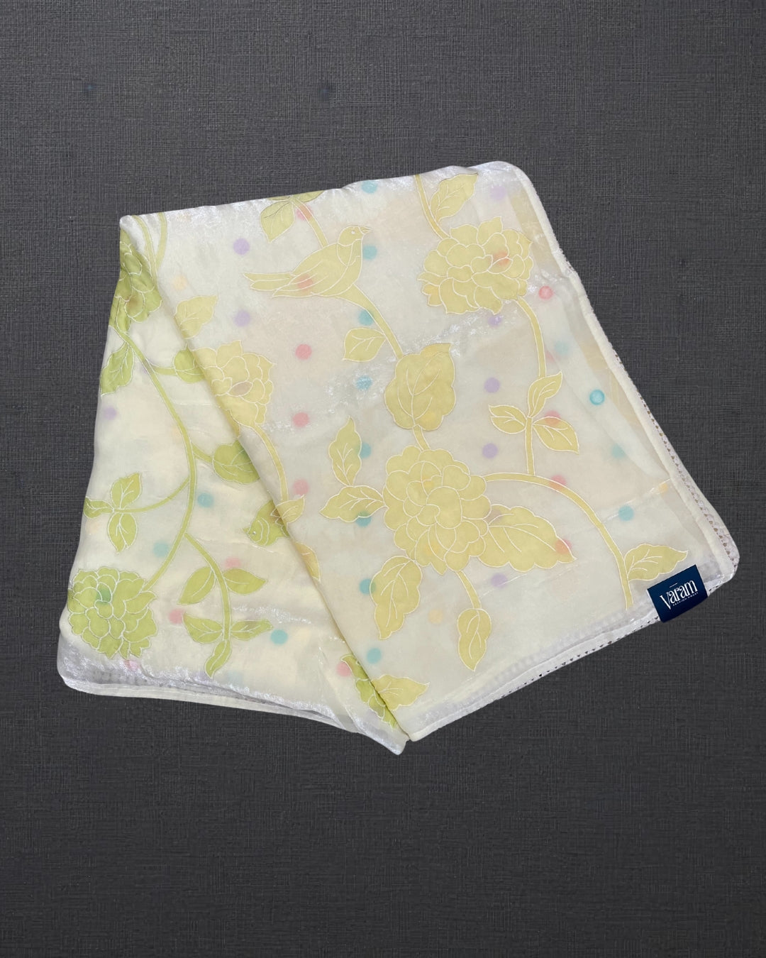 Pearl White Gucchi Silk Saree with Multicolor Floral Appliqué