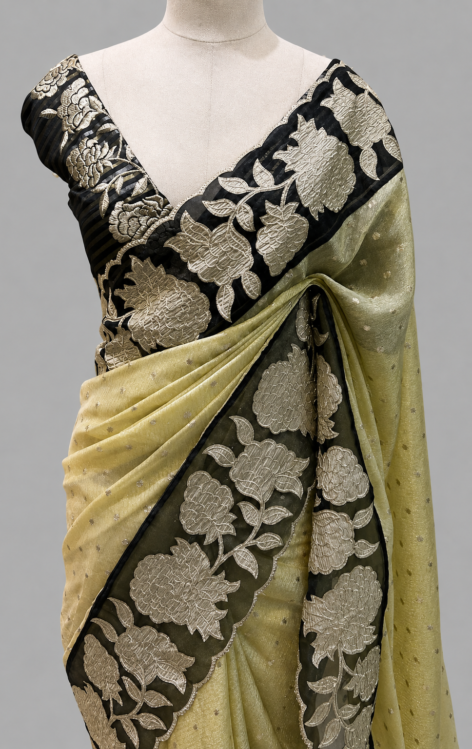 Tissue Applique Saree with Large-Scale Peony Border & Scalloped Edge