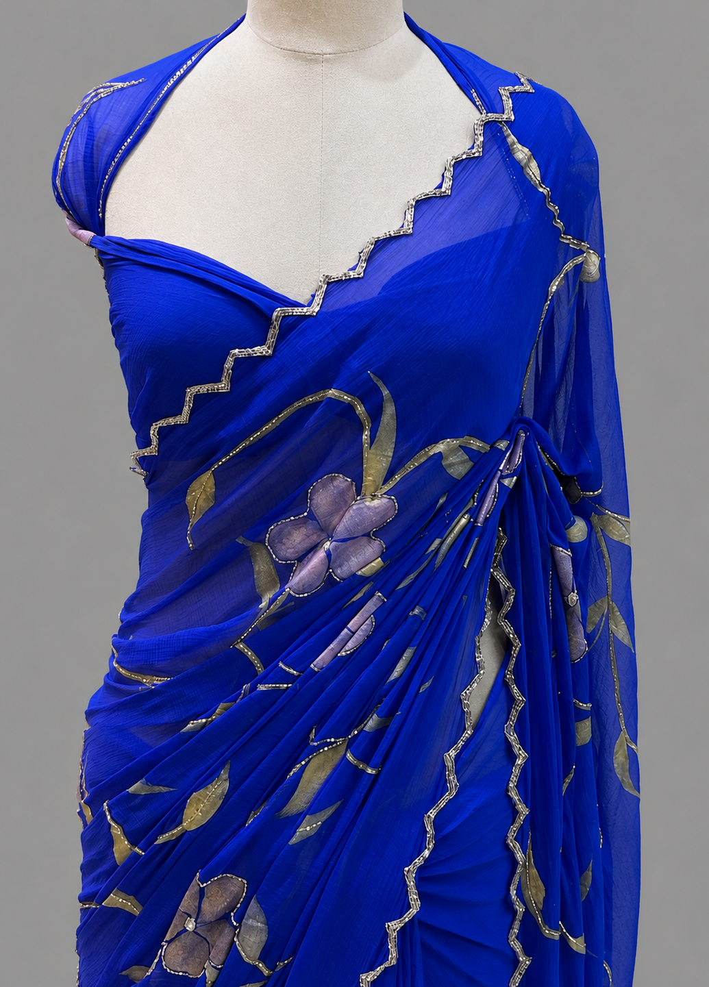 Chiffon Saree with Handpainted Orchid Motifs & Scallop Border