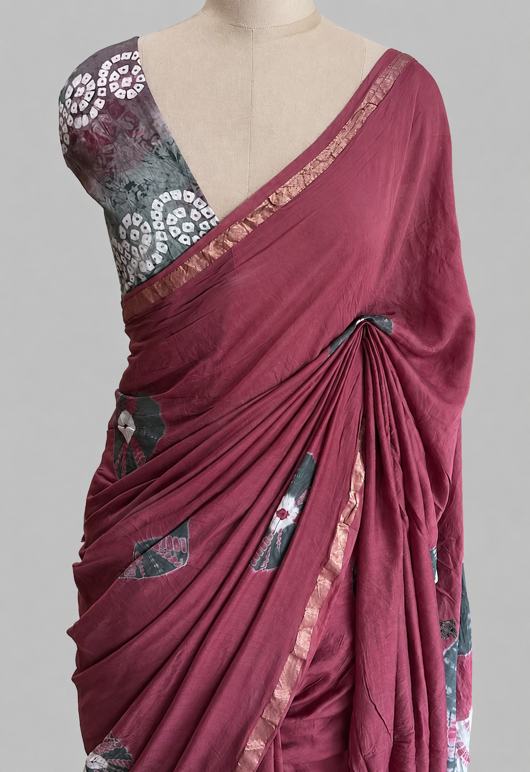 Chanderi Cotton Silk Shibori Saree with Mirror Work & Copper Border