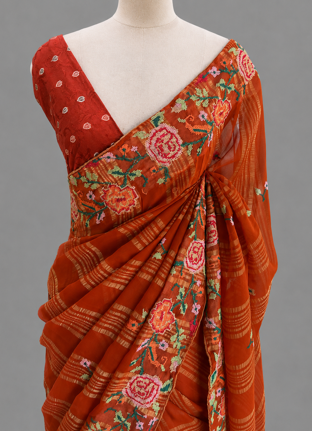 Chiffon Pinpoint Thread Work Saree with Rose Medallion Border