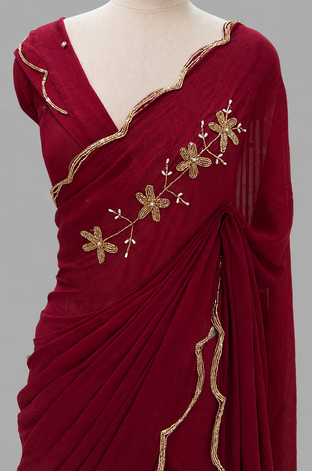 Crush Chiffon Saree with Beaded Floral Vine & Scallop Border
