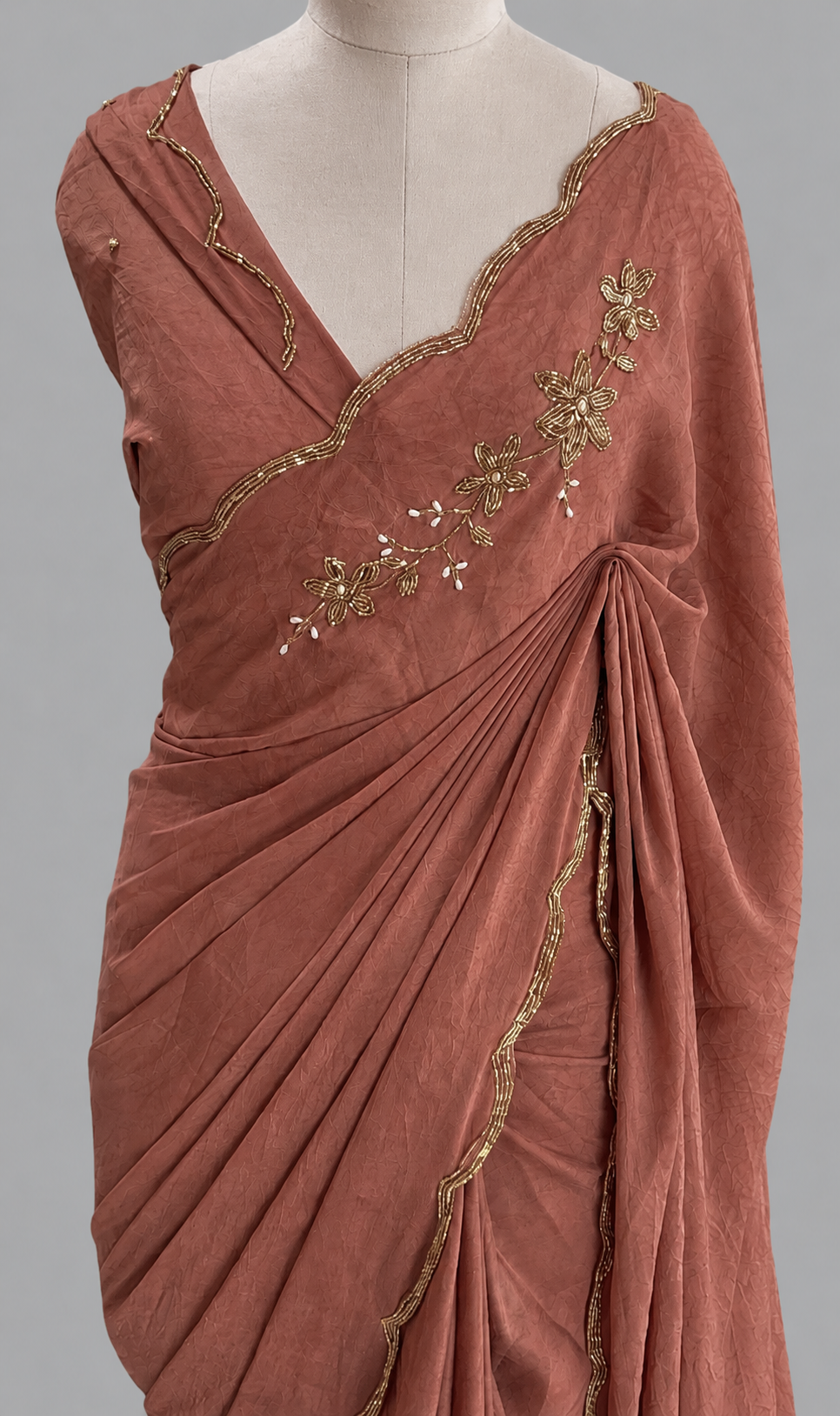 Crush Chiffon Saree with Beaded Floral Vine & Scallop Border