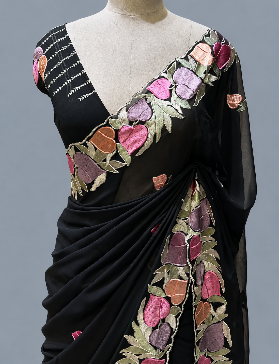 Georgette Saree with Thread Embroidered Sweet Pea Floral Border
