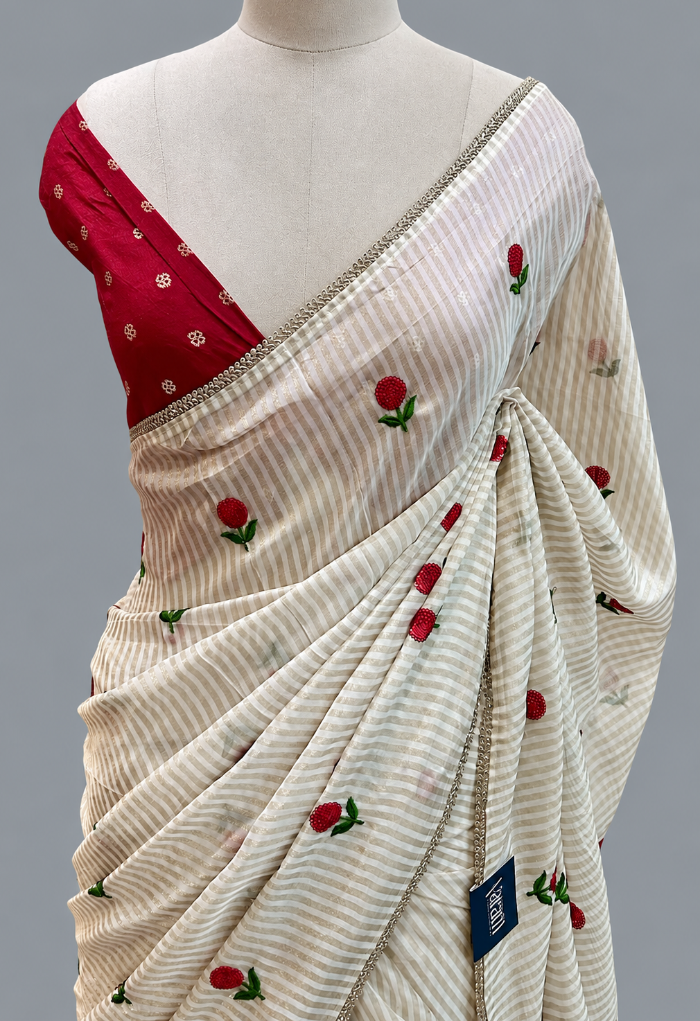 Chinnon Tissue Sequin Saree with Scattered Red Flower & Chain Border