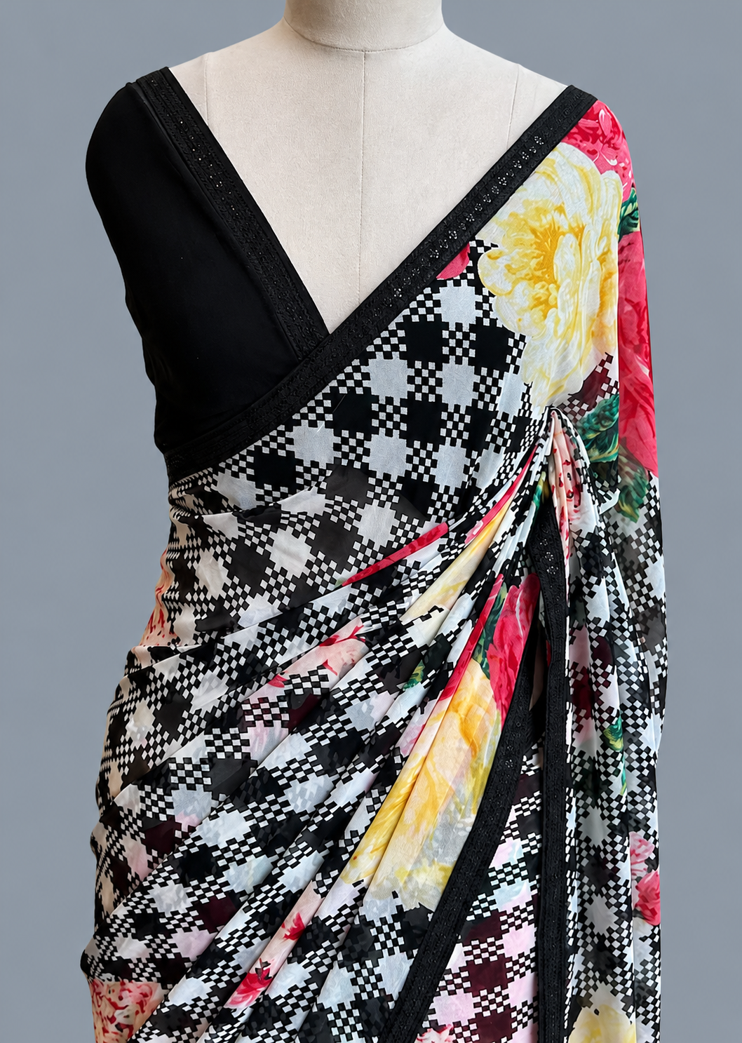 Georgette Houndstooth & Large Floral Print Saree with Lace Border