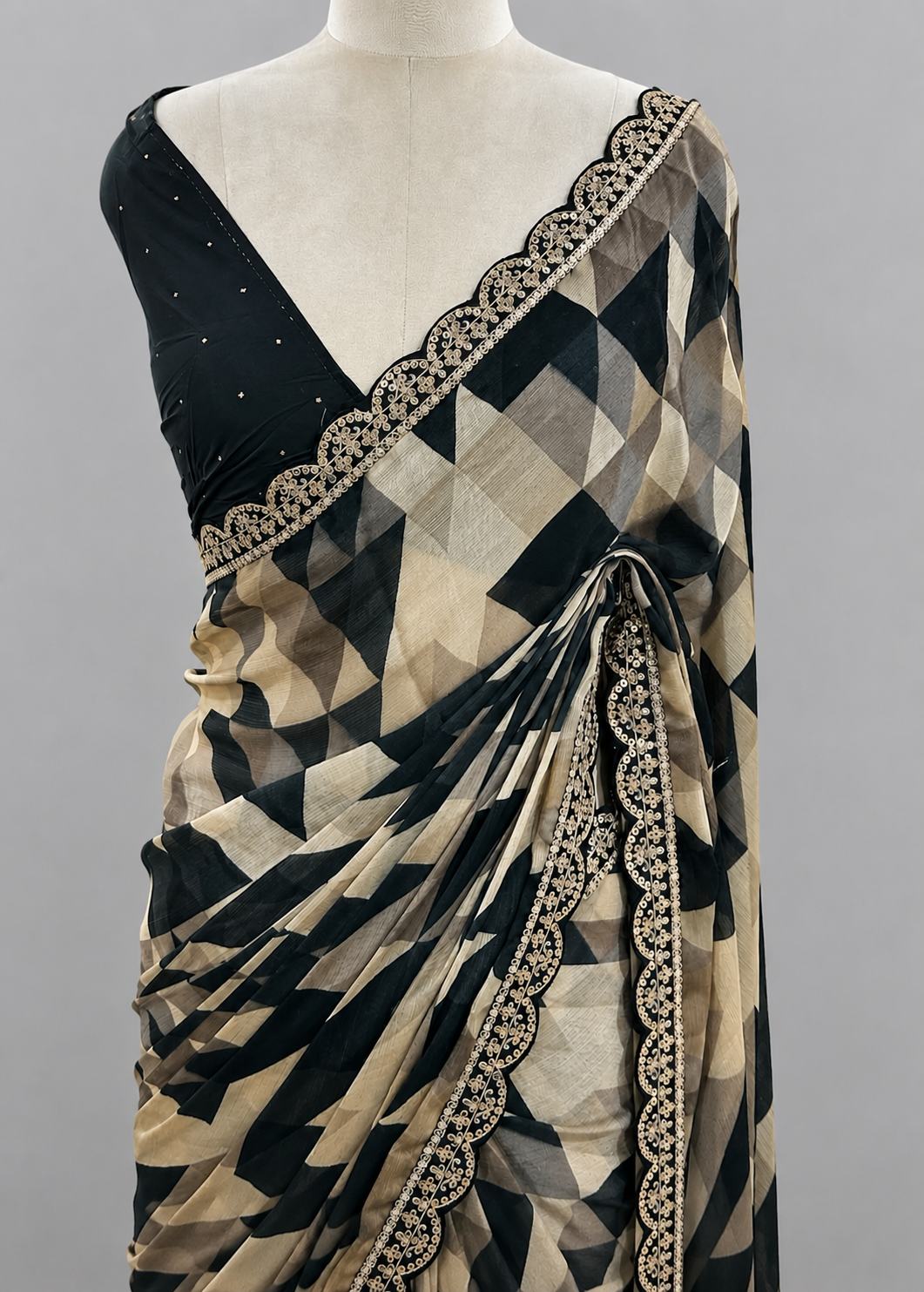 Georgette Saree with Chevron Print & Scalloped Sequin Lace Border