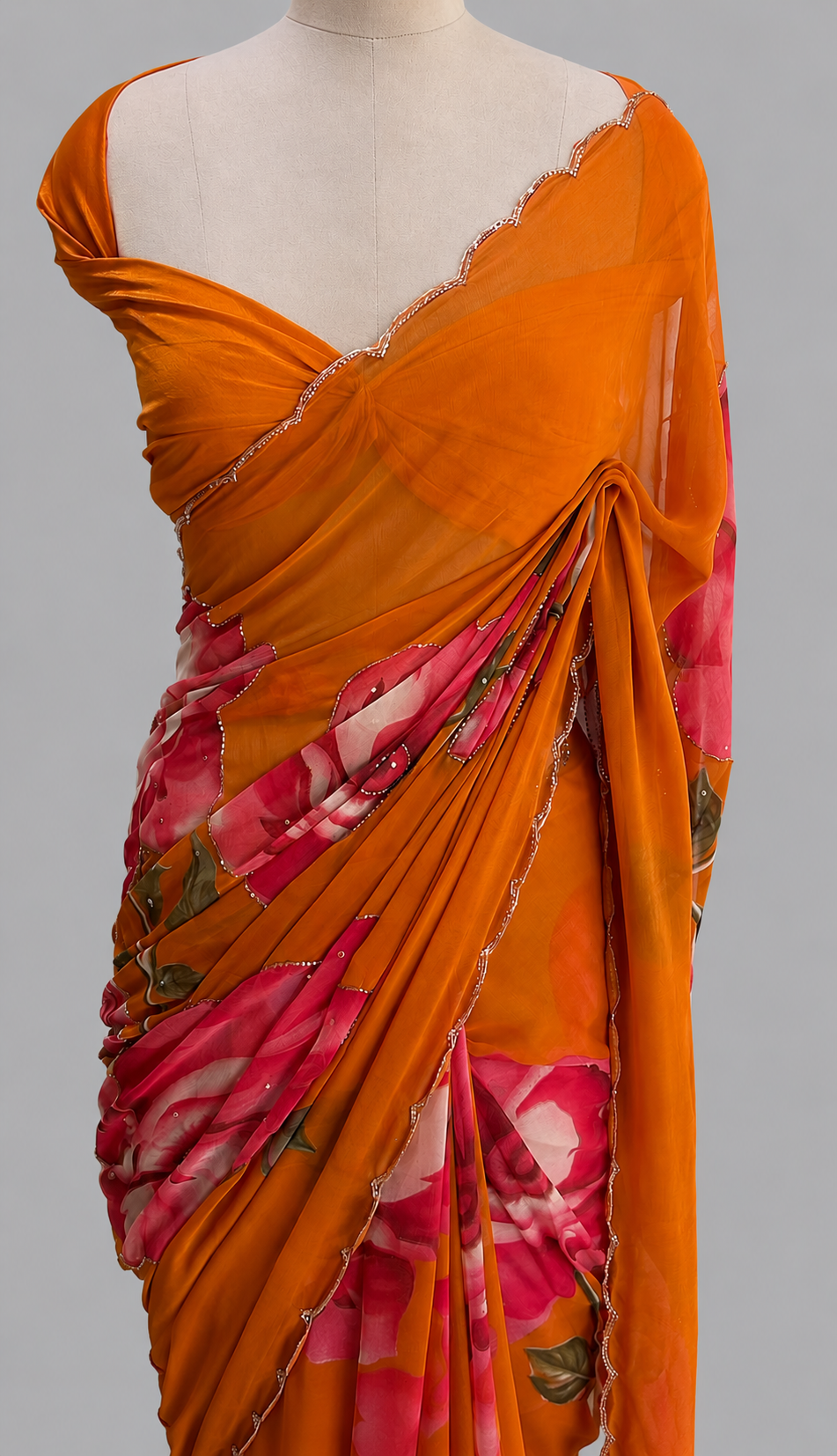 Georgette Cut Dana Saree with Large-Scale Rose & Lotus Print, Scalloped Border
