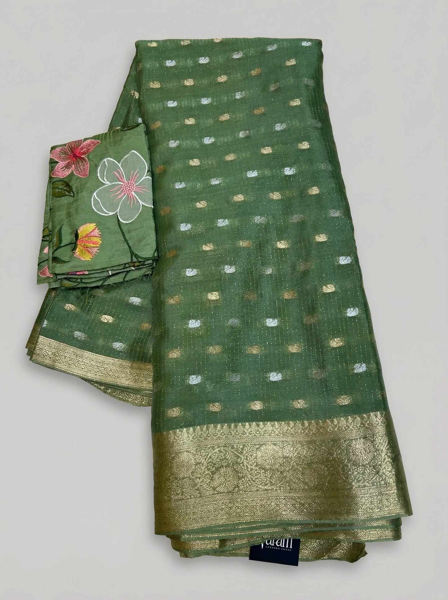 Bloom & Zari: Pure Chinnon Zari Lines Saree with Floral Applique Blouse | Festive