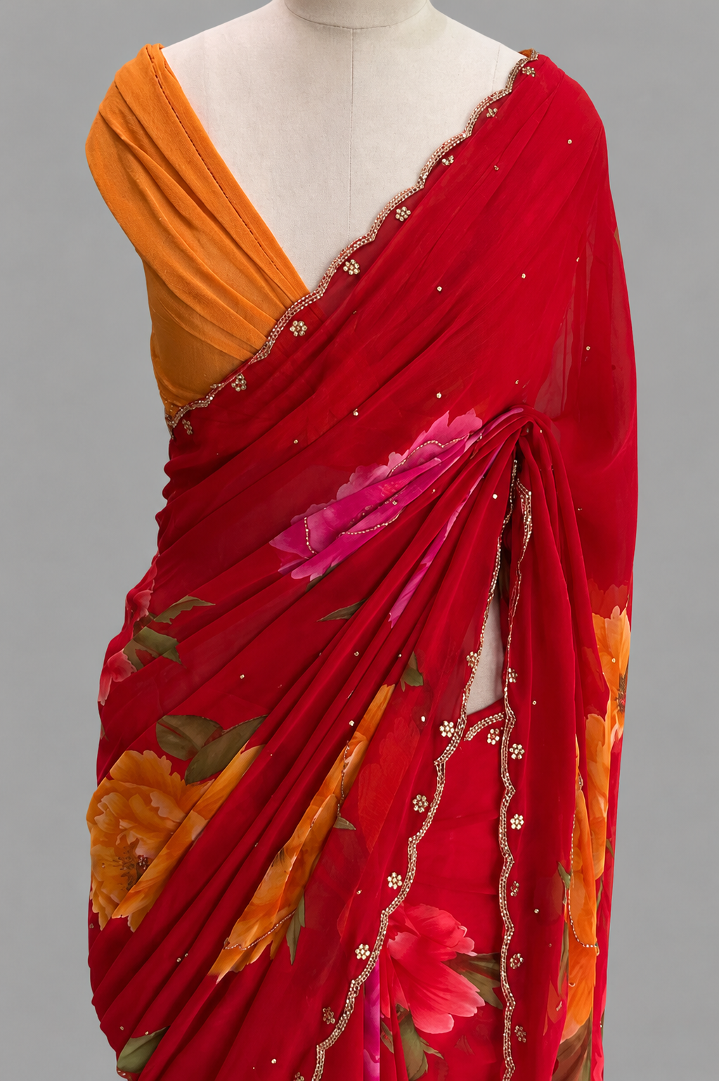 Georgette with Border Cut Dana Work | Bold Large-Scale Floral Print Saree
