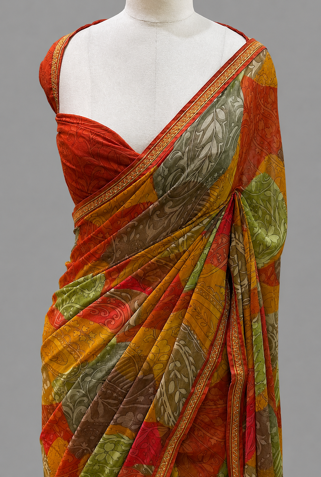 Georgette Digital Print Saree with Scrolling Foliage & Lace Border