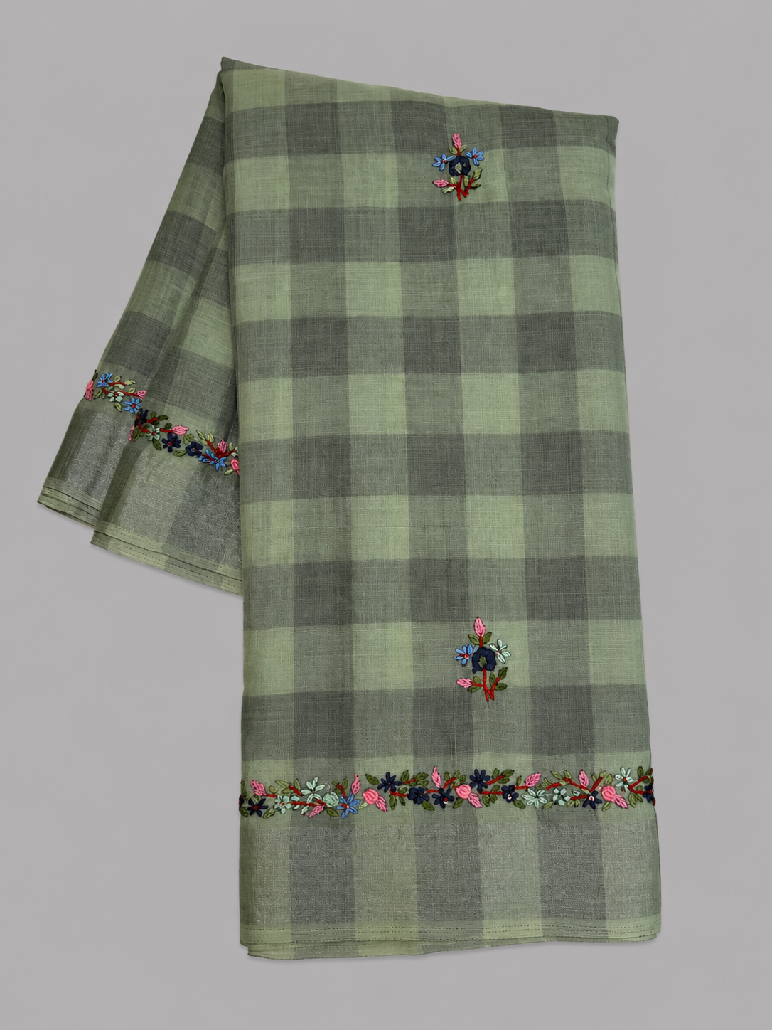 Linen Cotton Checks Saree with Hand Thread Floral Garland Border