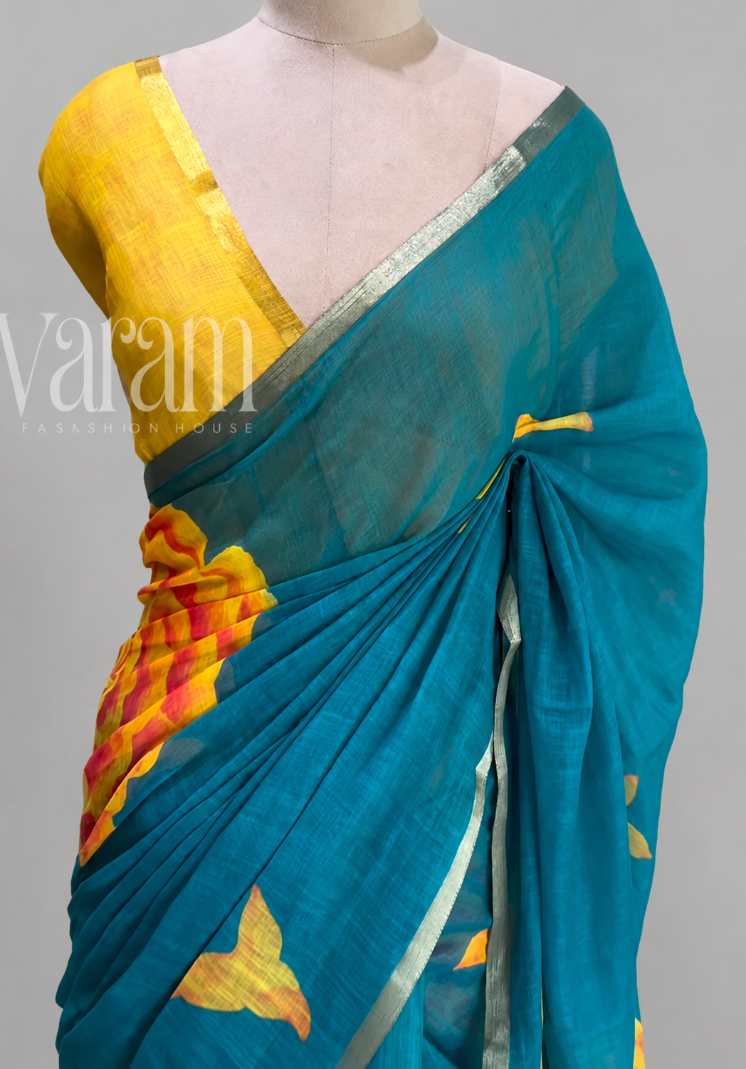 Linen Cotton Digital Print Saree with Bold Lotus Motifs & Silver Border