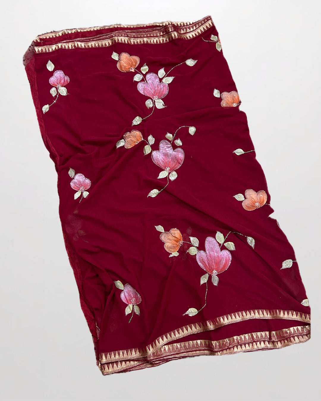 Hand-Painted Charm – Premium Chiffon Saree with Sugar Bead Highlights