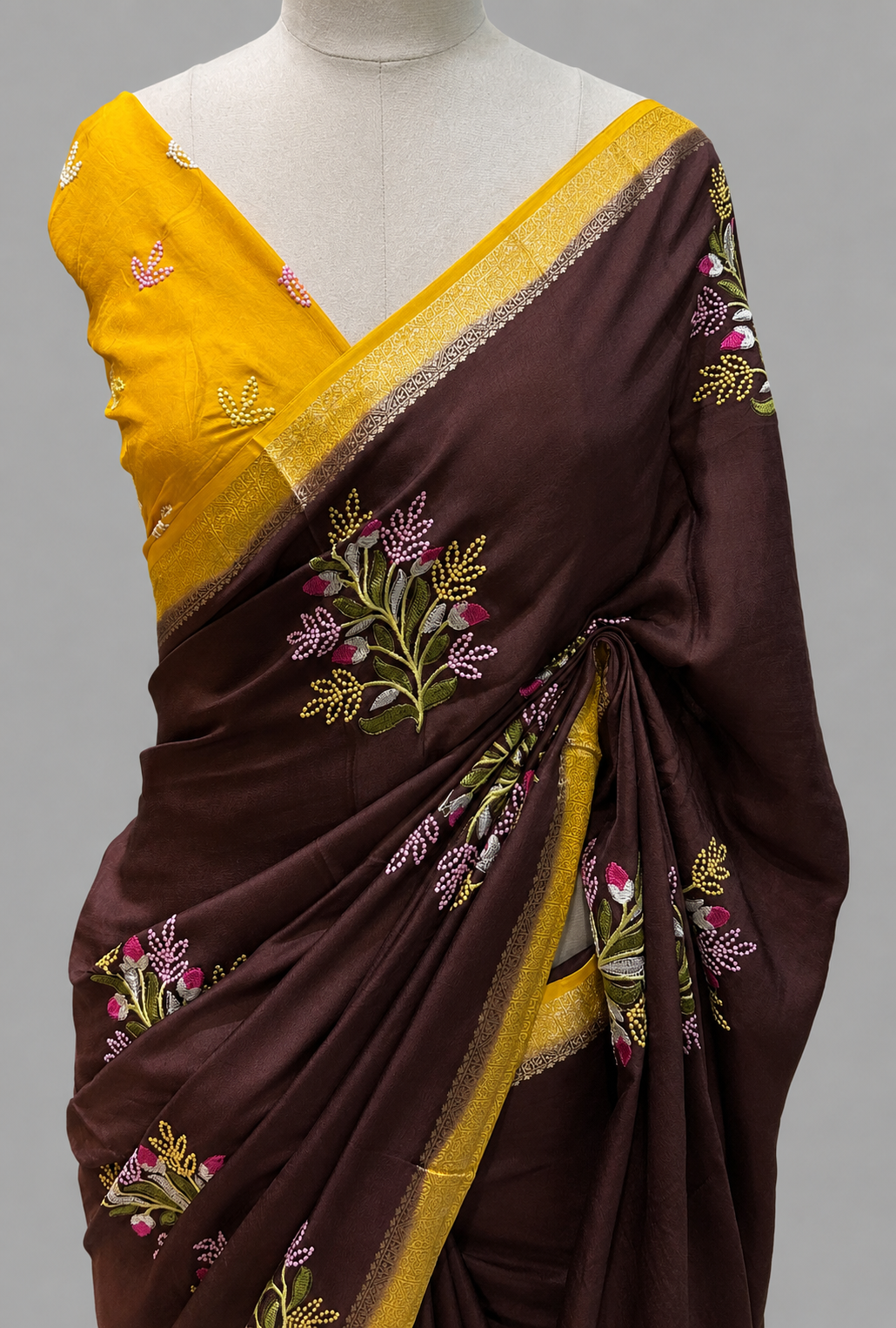 Tulip Verse: Mysore Crepe Silk Saree with Floral Bead Embroidery | Festive & Wedding Wear