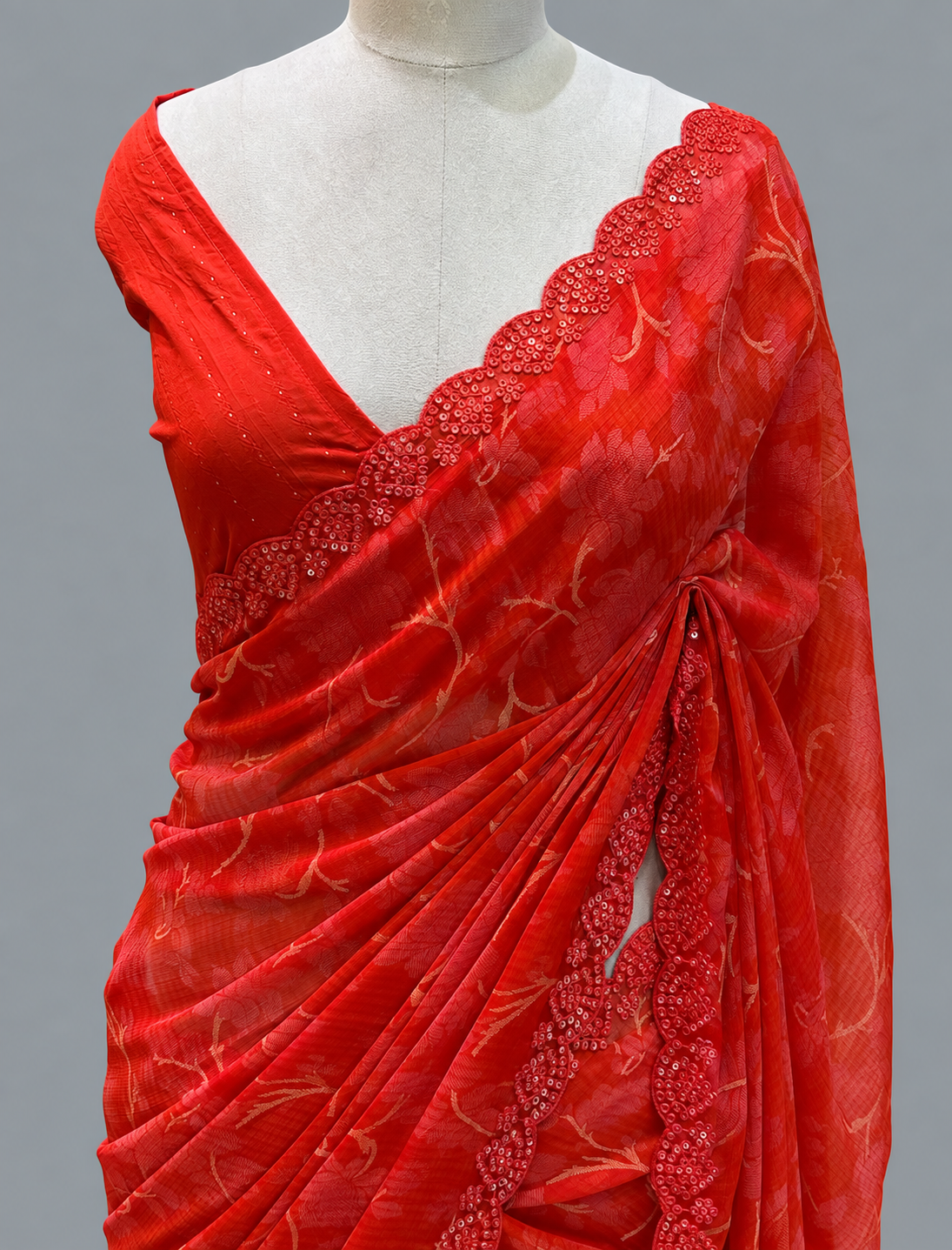 Georgette Saree with Scallop Sequin Border & Large Floral Weave