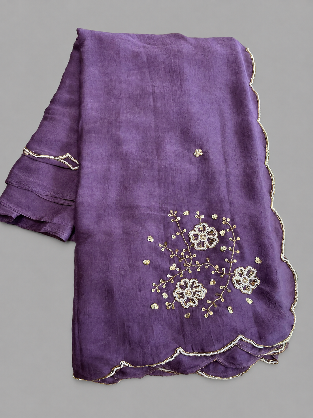 Crush Chiffon Saree with Floral Thread Embroidery & Scalloped Border