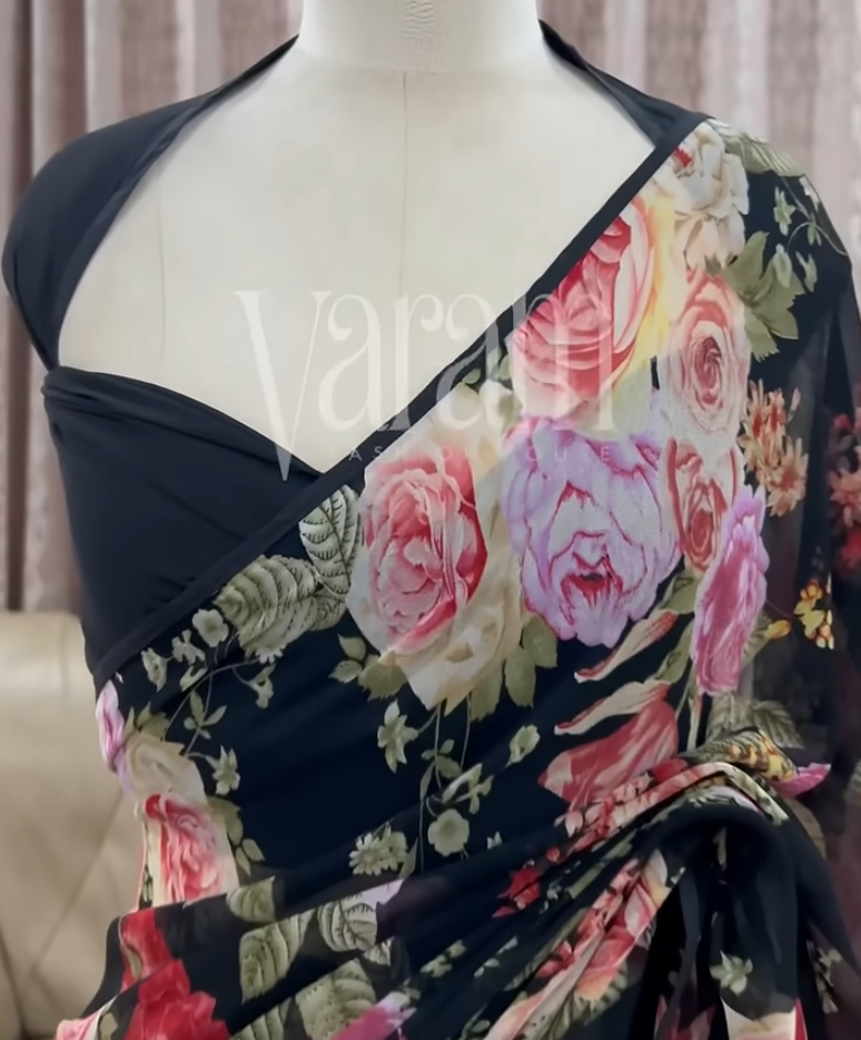 Midnight Bloom Georgette Saree