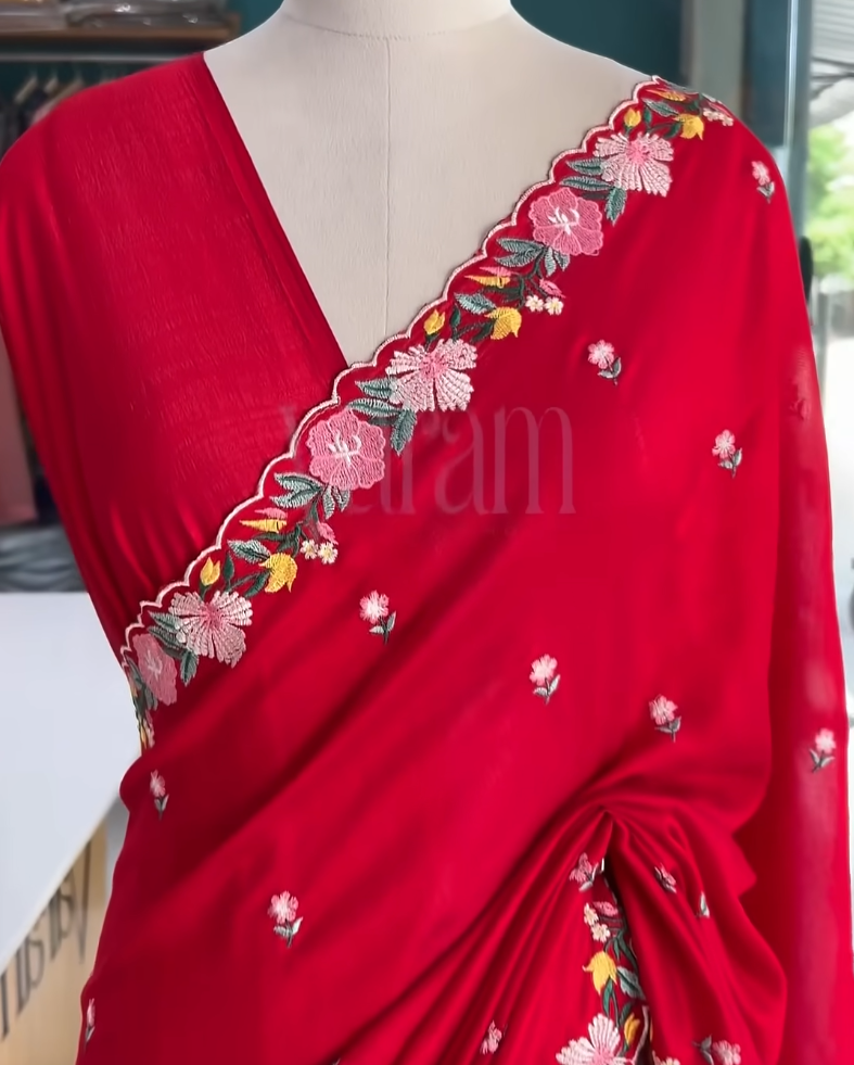 Vibrant Threads on Flowing Vichitra Silk Saree