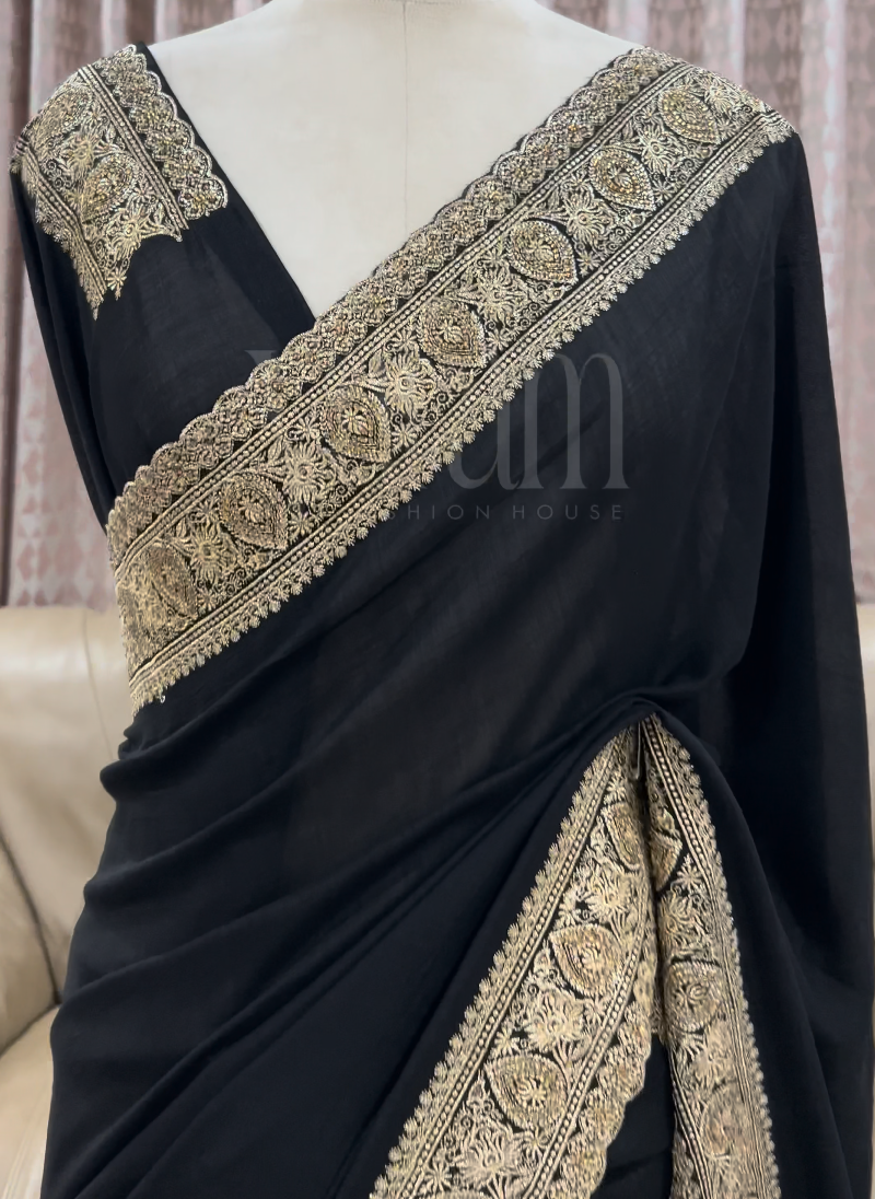 Bold. Beautiful. Black with pita charm - Vichitra Silk Saree
