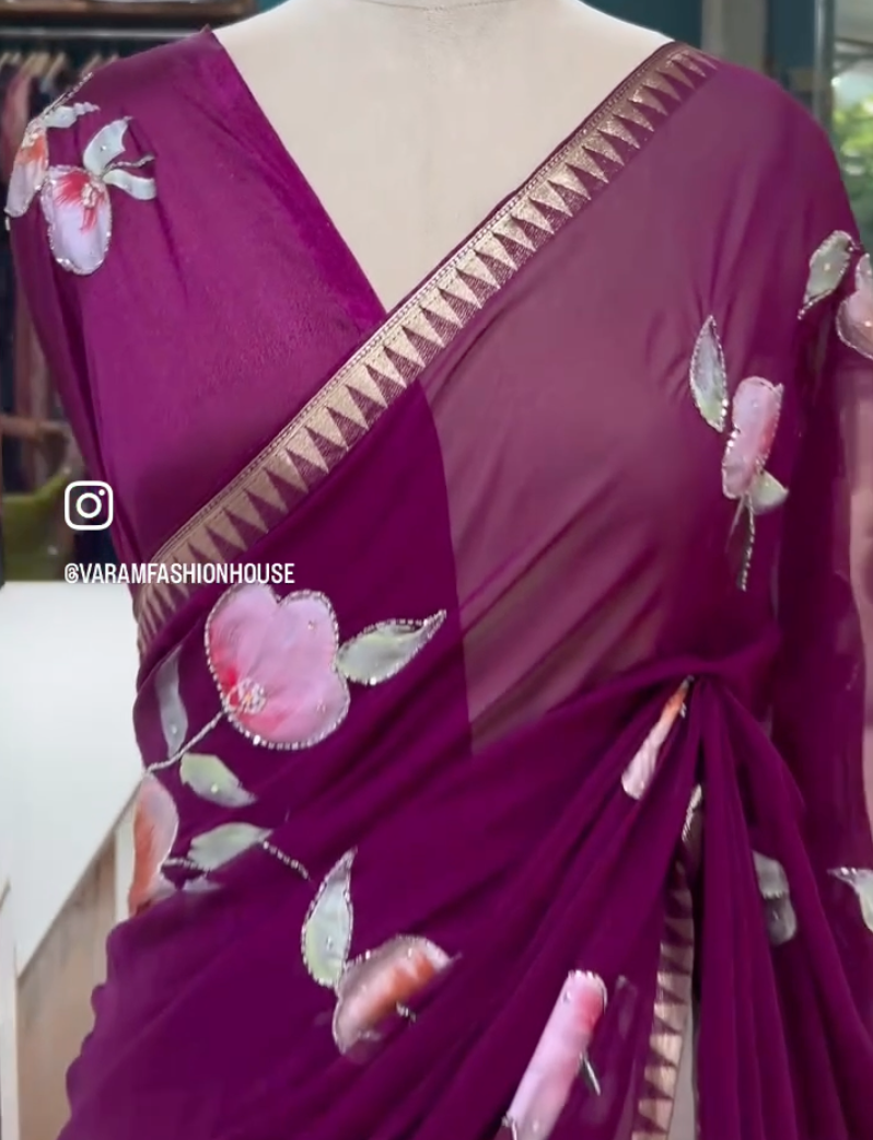 Hand-Painted Charm – Premium Chiffon Saree with Sugar Bead Highlights