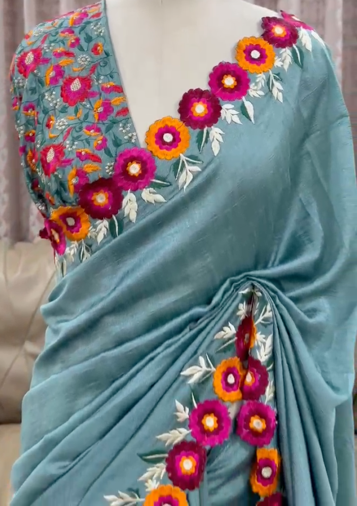 Vibrant Vichitra Silk Saree with Thread Work Border & Blouse