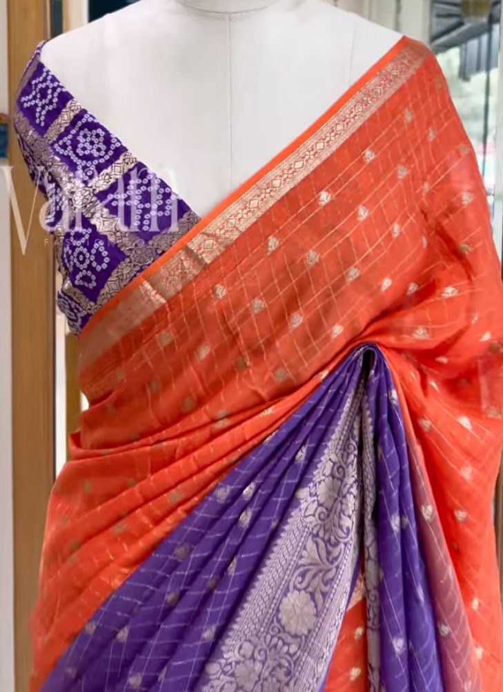 Viscose Chinnon Zari Checks Saree | Festive Wear