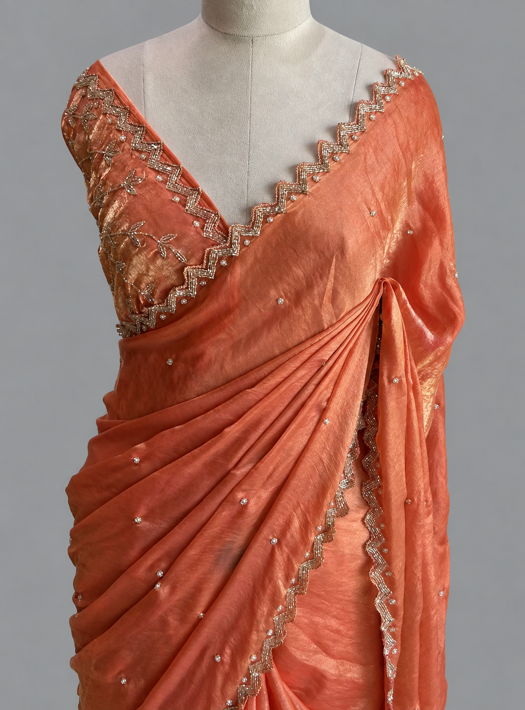 Space Silk Saree with Zigzag Beadwork Border & Pearl Scatter