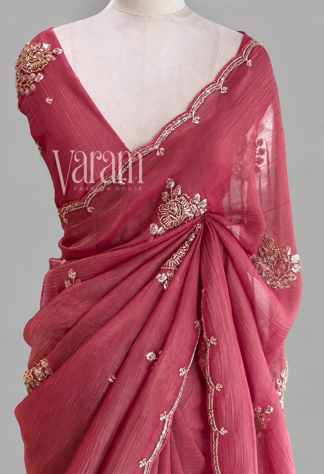 Tissue Saree with Sequin-Beaded Lotus Motifs & Scalloped Border