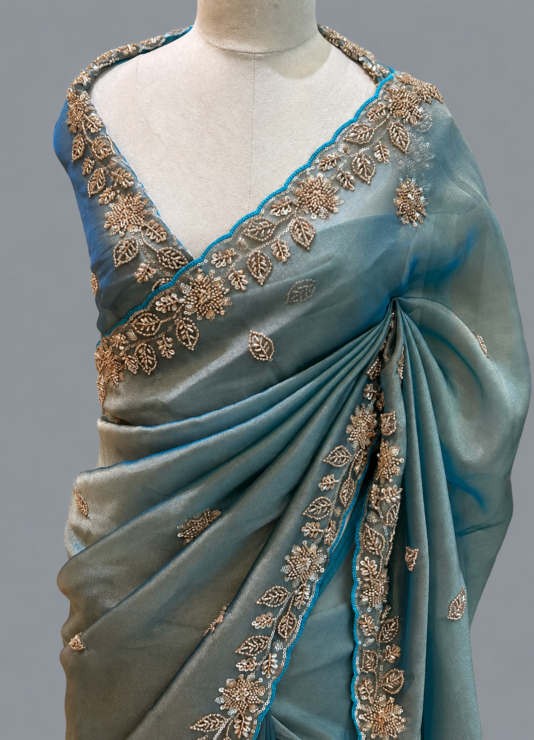 Soft Tissue Saree with Beaded Leaf-Floral Border & Scattered Leaf Butis