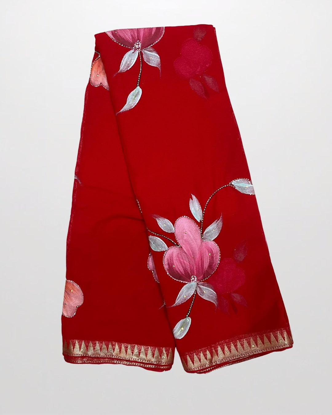 Hand-Painted Charm – Premium Chiffon Saree with Sugar Bead Highlights