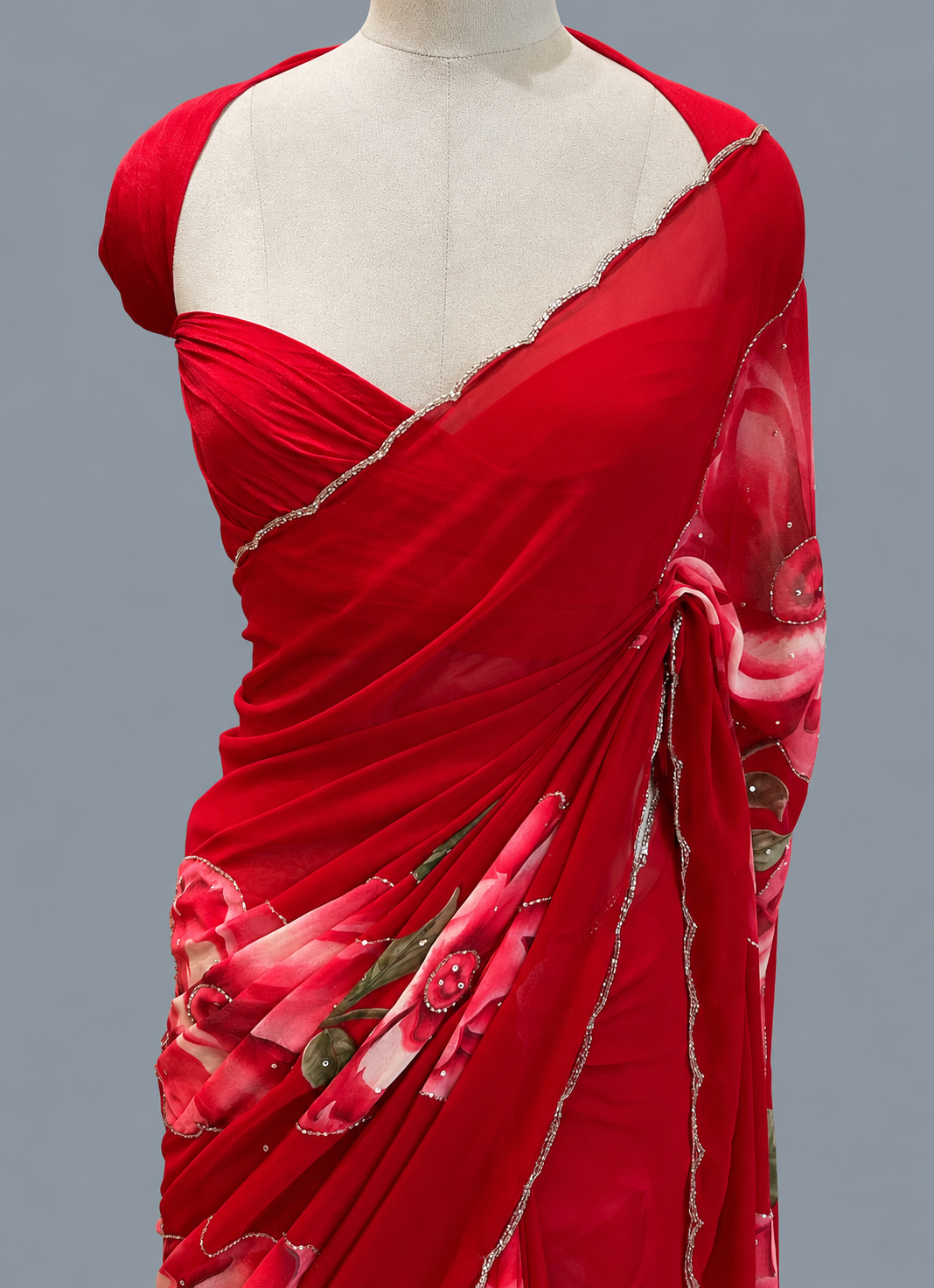 Georgette Saree with Bold Rose Print, Cut Dana & Scallop Border
