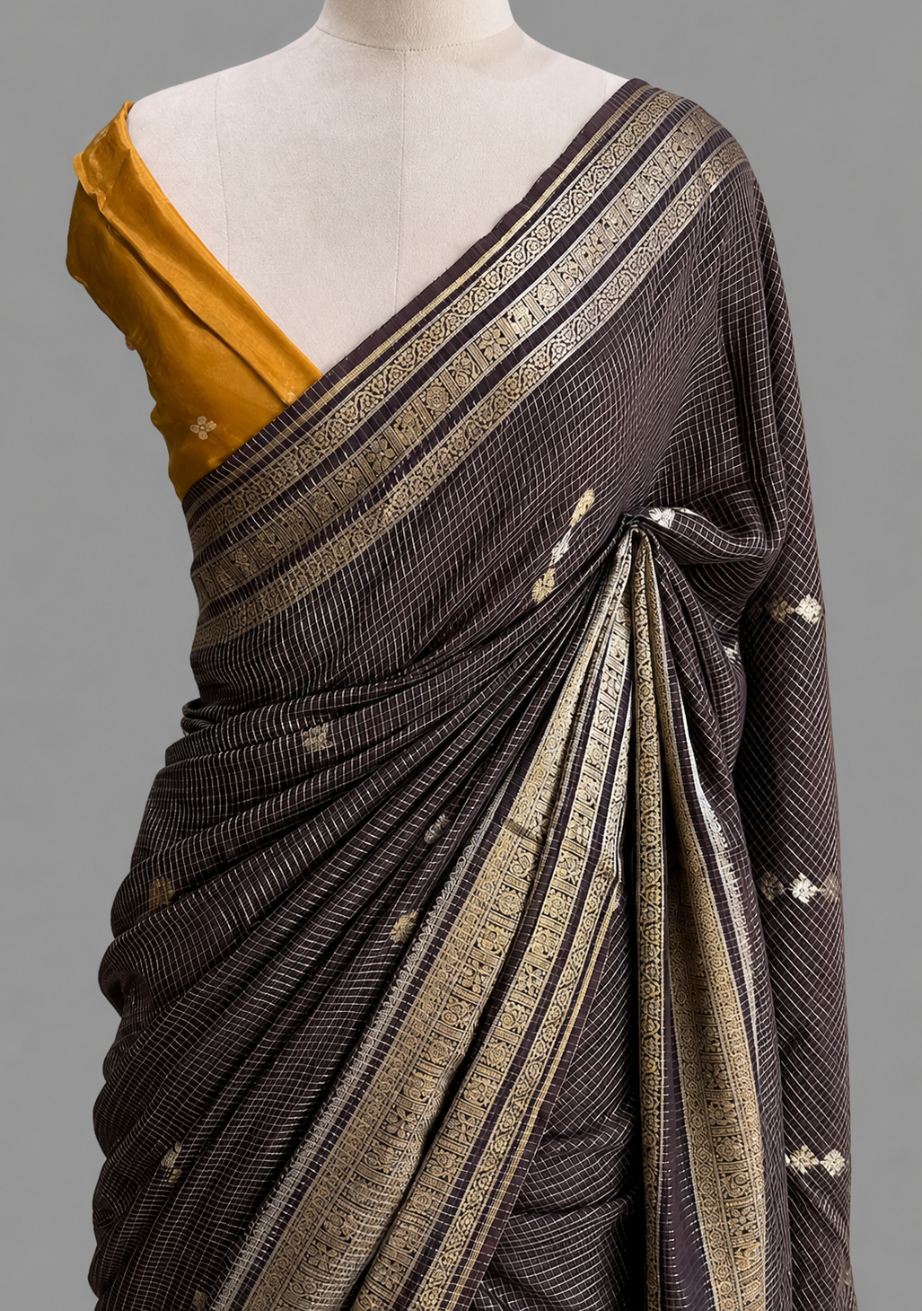 Dola Silk Vintage Checks Saree with Zari Border & Contrast Blouse