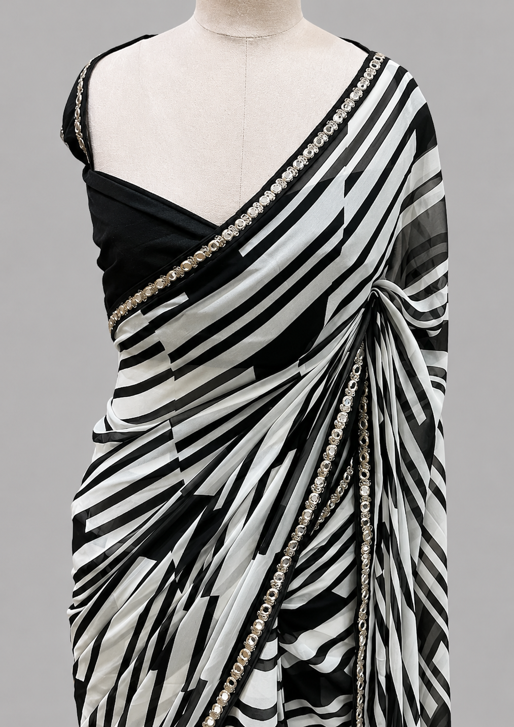 Georgette with Lace Work Saree | Bold Graphic Stripe Print & Crystal Border