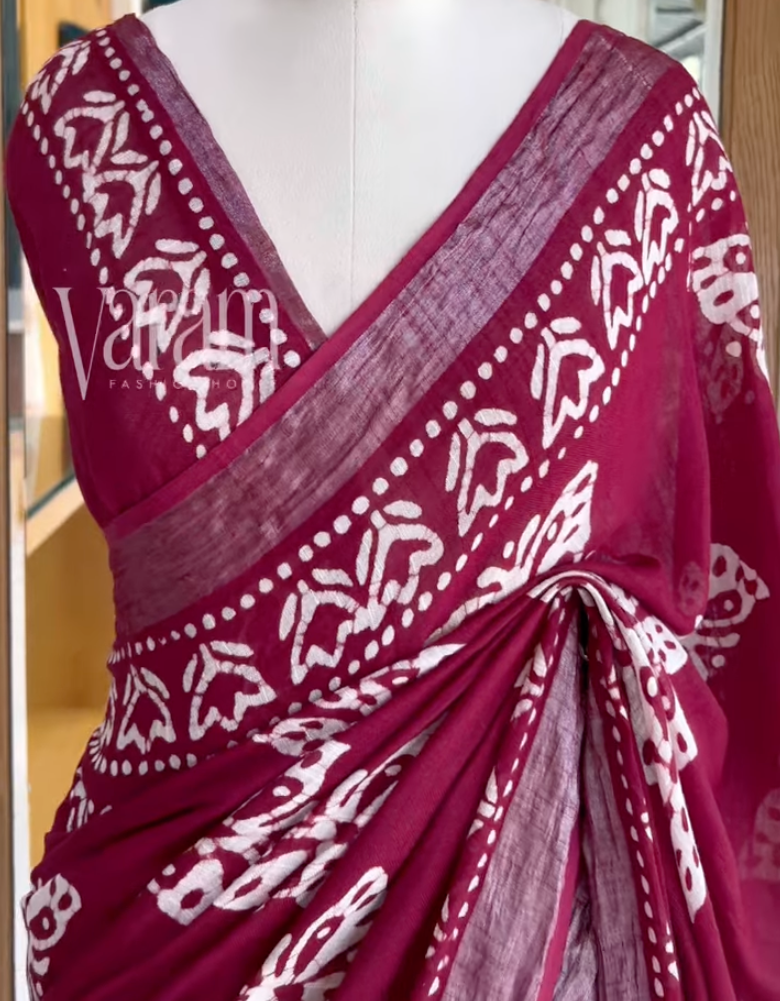 Batik Bloom: Bhagalpuri Linen Saree with Floral Batik Border