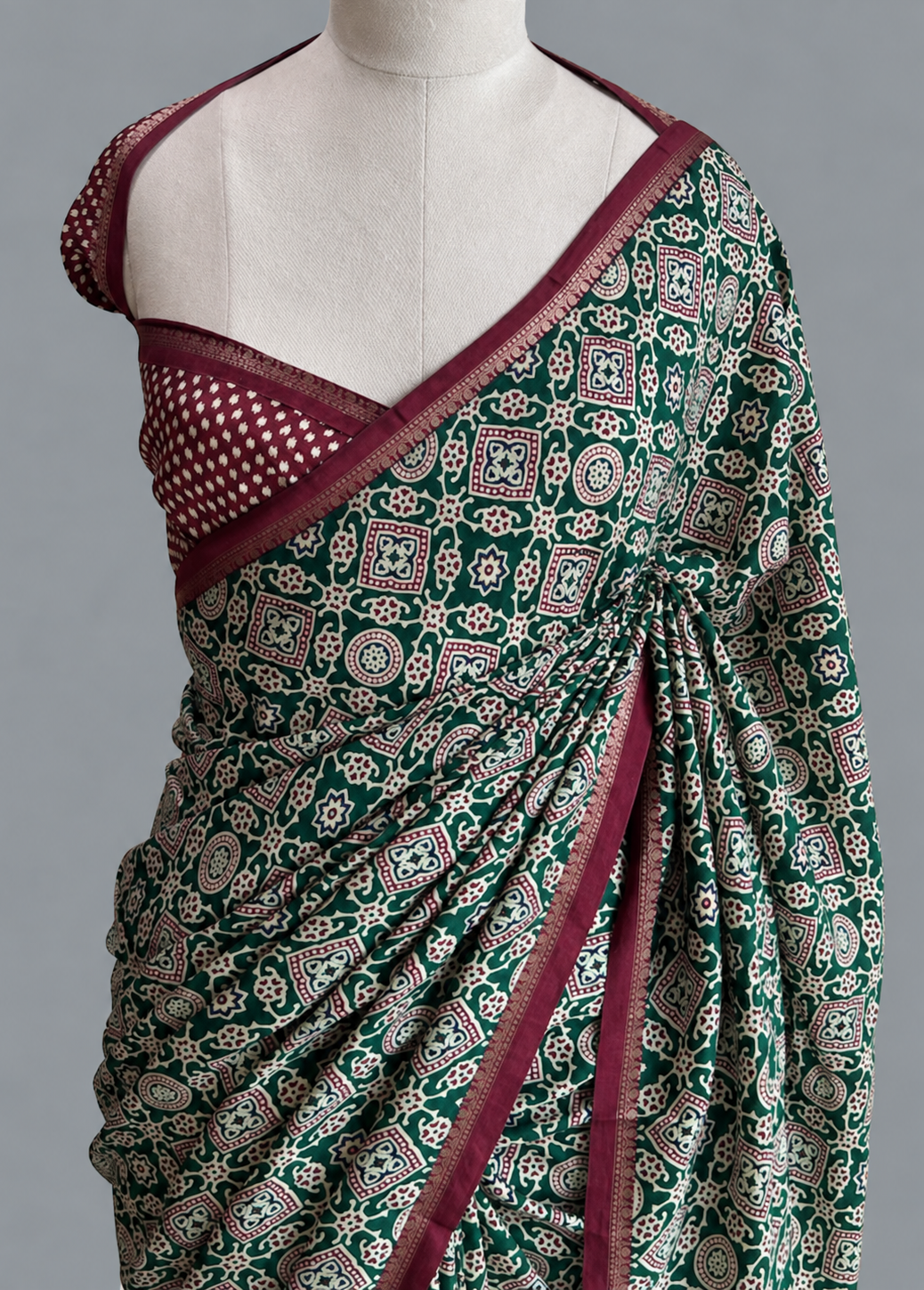 Art Silk Ajrakh Print Saree with Geometric Medallion Motifs & Slim Zari Border