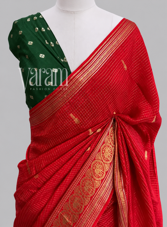 Vintage Assam Silk Zari Checks & Elephant Border Saree