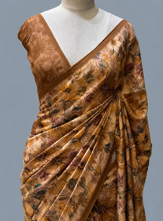 Linen Silk Saree with Bold Large-Scale Botanical Floral Print & Slim Border