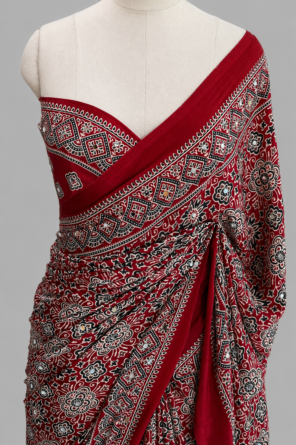 Binny Crepe Ajrakh Saree with Medallion Florals & Real Mirror Work