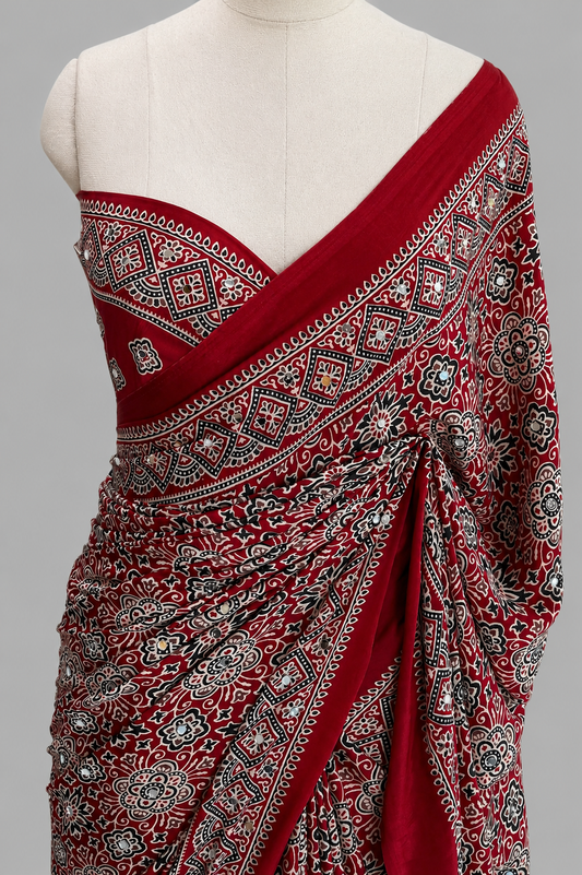 Binny Crepe Ajrakh Saree with Medallion Florals & Real Mirror Work