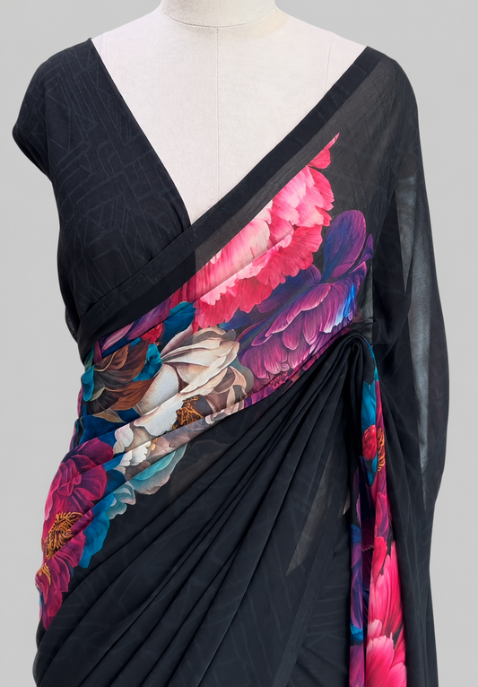 Georgette Saree with Bold Large-Scale Peony Border Print