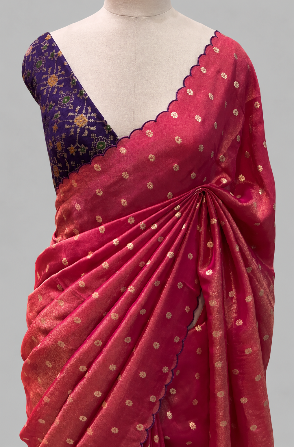 Chinnon Tissue Saree with Scattered Zari Floral Butis & Scalloped Border
