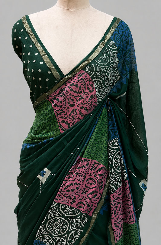 Chanderi Cotton Silk Saree with Block Print Medallions & Chevron Border