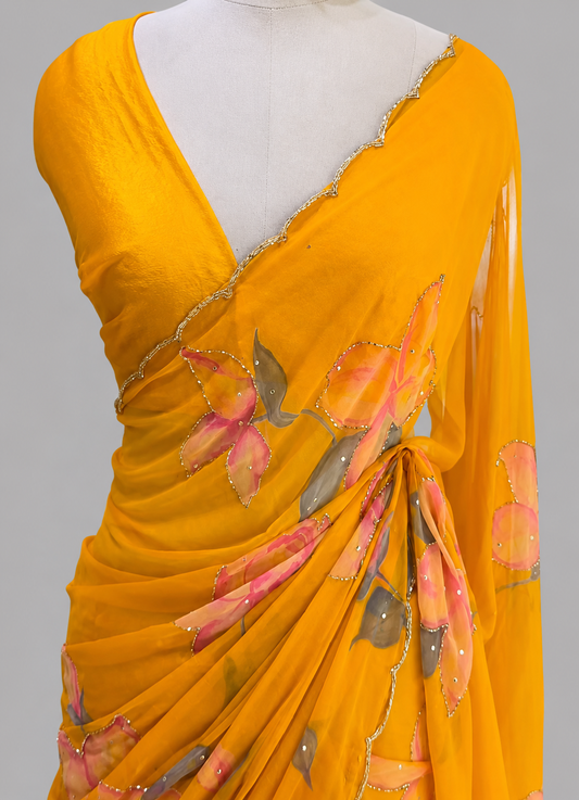 Chiffon with Cut Dana Work & Digital Floral Motifs