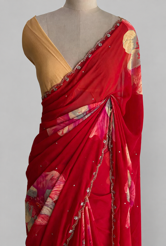 Georgette Saree with Bold Large-Scale Floral Print & Cut Dana Border