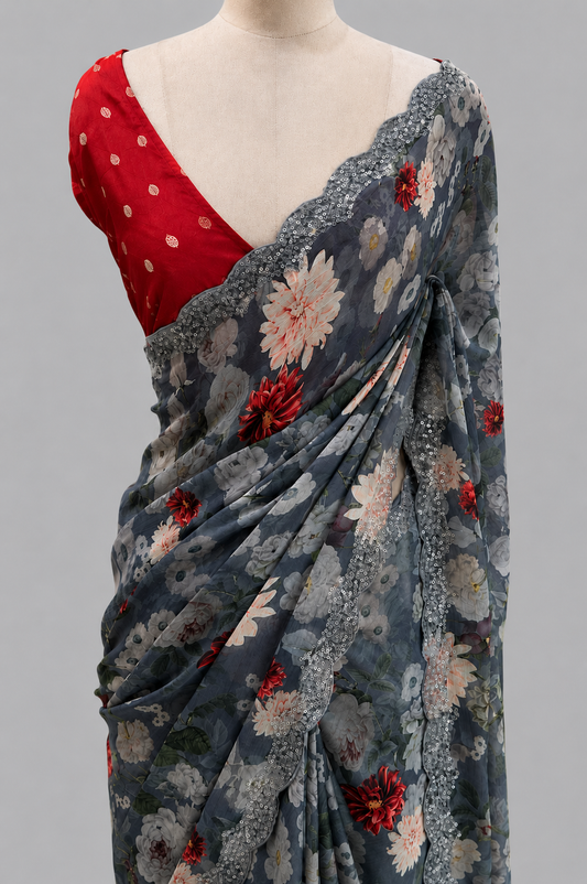 Chiffon Georgette Saree | Large-Scale Floral Print & Scallop Sequin Border