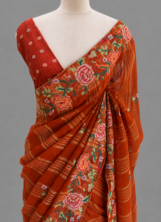 Chiffon Pinpoint Thread Work Saree with Rose Medallion Border