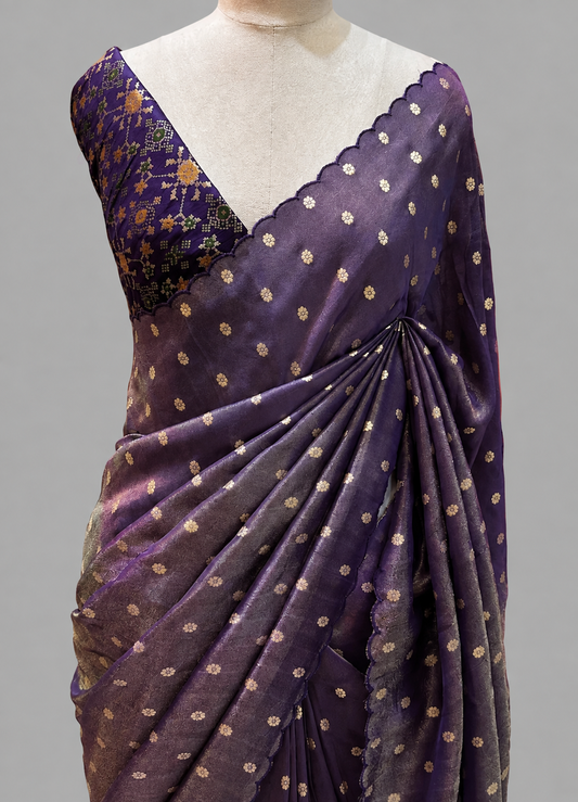 Chinnon Tissue Saree with Scattered Zari Floral Butis & Scalloped Border