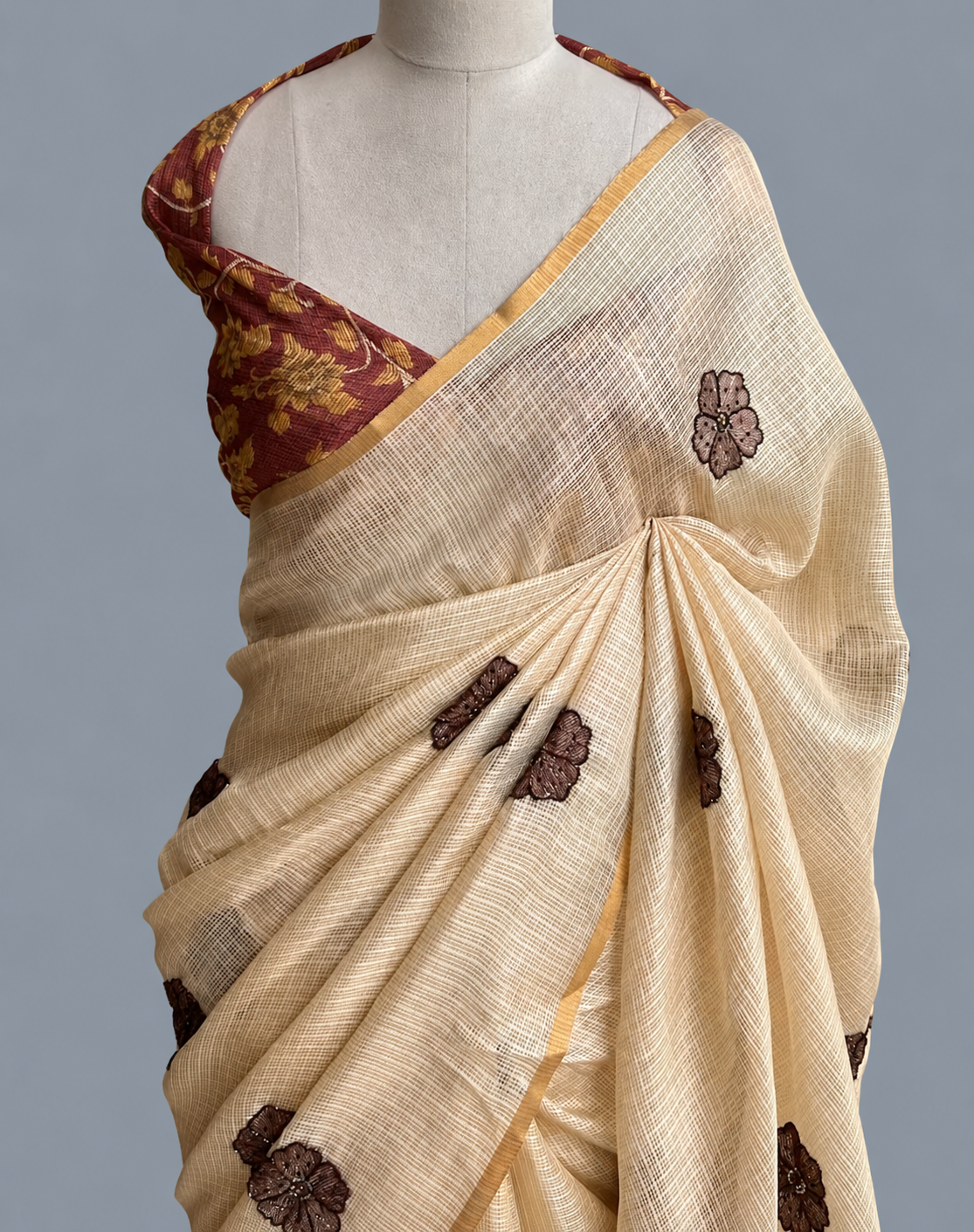 Kota Silk Saree with Cut Dana Floral Clusters & Kalamkari Blouse